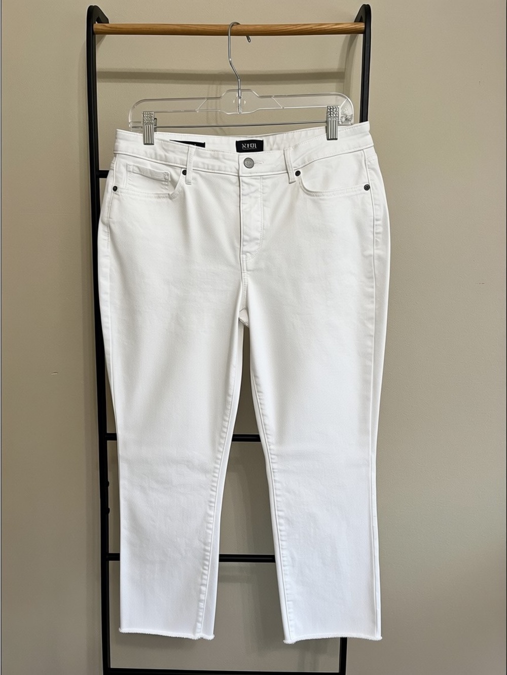 NYDJ Sheri Slim Crop White Jeans 12 Petite Lift Tuck Raw Hem